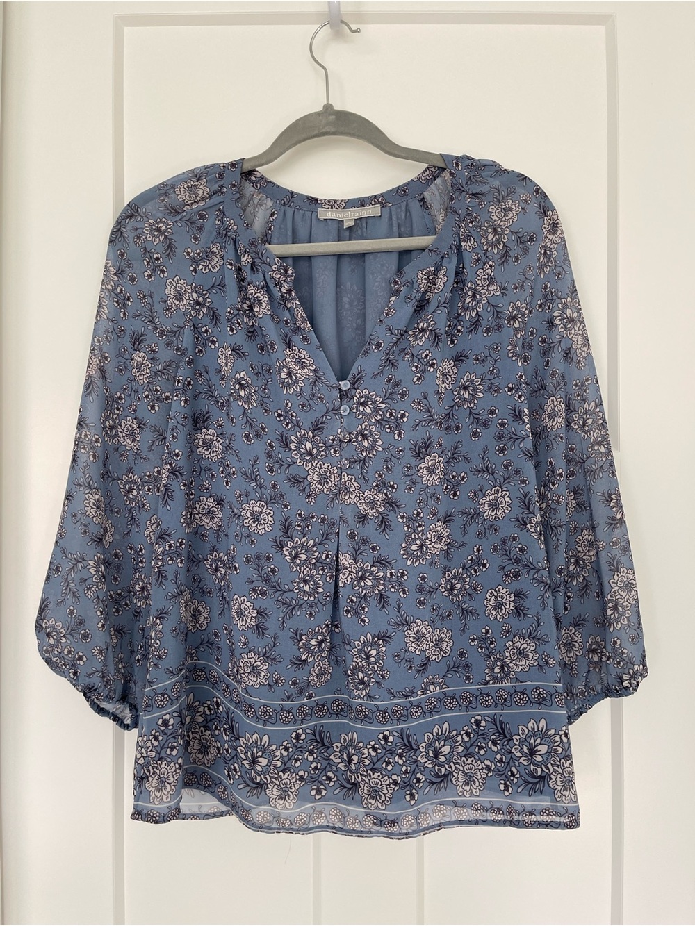 Boho Vintage Flowy Blue Floral Peasant Blouse - Women Tops Small